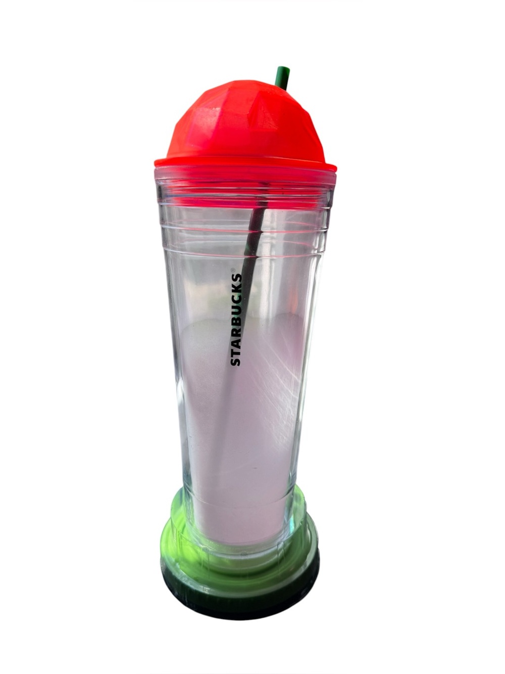 Starbucks Clear Tumbler with Neon Pink Dome Lid and Green Flat lid